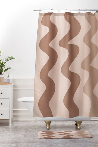 Angela Minca Squiggly lines mocha mousse Shower Curtain And Mat
