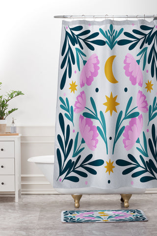 Angela Minca Stars moon and flowers Shower Curtain And Mat