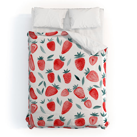 Angela Minca Strawberries red and teal Duvet Cover