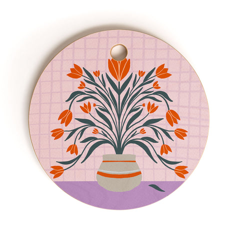 Angela Minca Tulips orange and violet Cutting Board Round