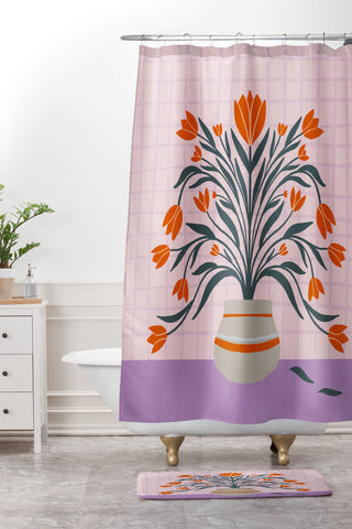 Angela Minca Tulips orange and violet Shower Curtain And Mat