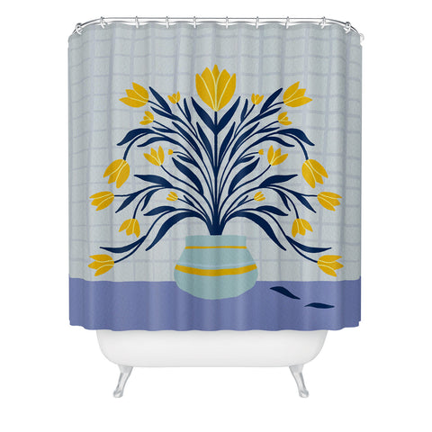 Angela Minca Tulips yellow and blue Shower Curtain