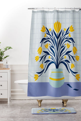 Angela Minca Tulips yellow and blue Shower Curtain And Mat