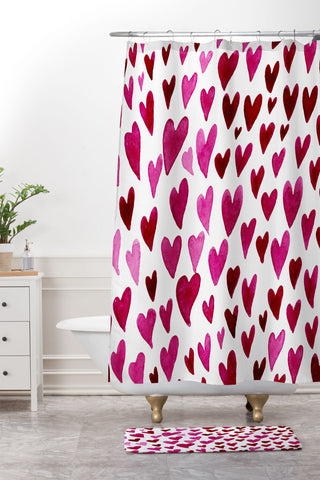 Angela Minca Watecolor hearts Shower Curtain And Mat