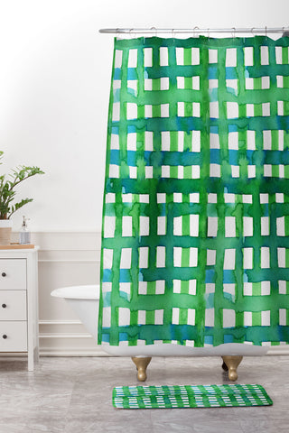 Angela Minca Watercolor green grid Shower Curtain And Mat