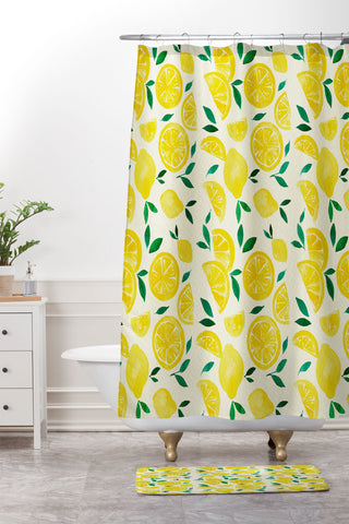 Angela Minca Watercolor lemons pattern Shower Curtain And Mat