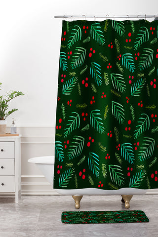 Angela Minca Xmas branches green Shower Curtain And Mat