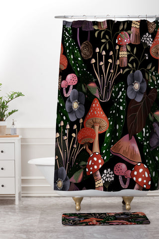 Anis Illustration Black Leaves Pattern Shower Curtain And Mat