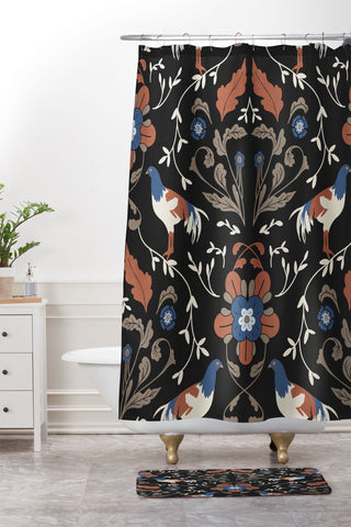 Anis Illustration Black Roosters Shower Curtain And Mat