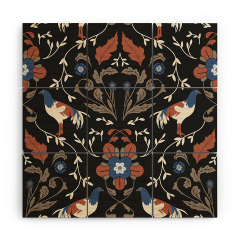 Anis Illustration Black Roosters Wood Wall Mural