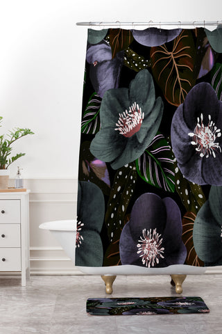 Anis Illustration Dark Flowers Pattern Shower Curtain And Mat