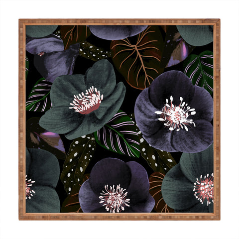 Anis Illustration Dark Flowers Pattern Square Tray