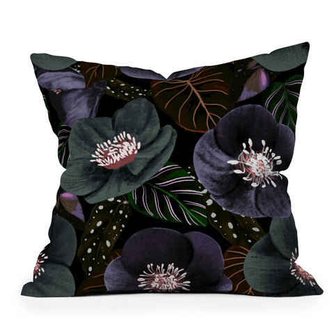 Anis Illustration Dark Flowers Pattern Outdoor Throw Pillow