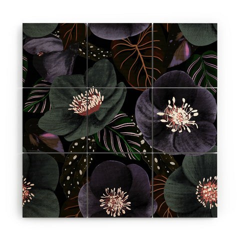 Anis Illustration Dark Flowers Pattern Wood Wall Mural