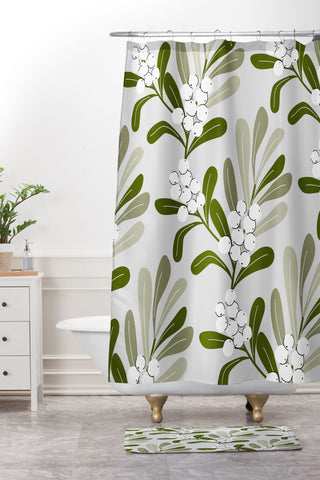 Anis Illustration Mistletoe Pattern Green Shower Curtain And Mat