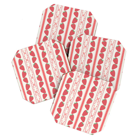 Anis Illustration Strawberries Red Stripes Coaster Set