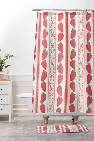 Anis Illustration Strawberries Red Stripes Shower Curtain And Mat