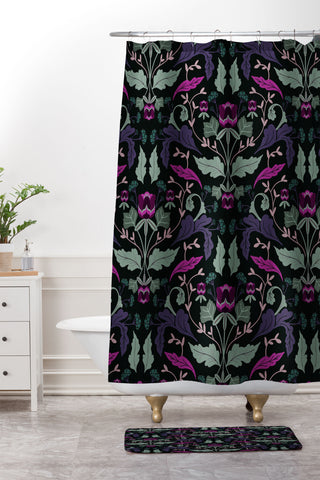Anis Illustration Tulip Flowers Dark Shower Curtain And Mat