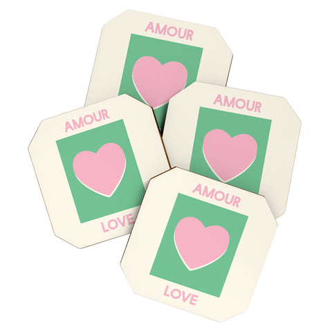 April Lane Art Amour Love Green Pink Heart Coaster Set