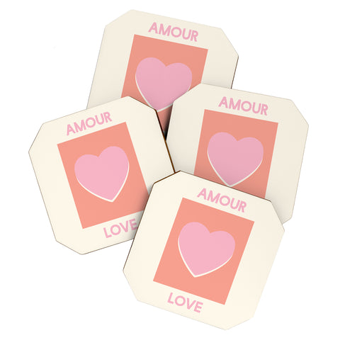 April Lane Art Amour Love Orange Pink Heart Coaster Set