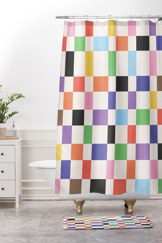 April Lane Art Rainbow Checkered Shower Curtain And Mat