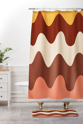 Art Heart Home and Fashion Retro Wavy Lines Red Pink Shower Curtain And Mat