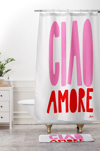 AthenesAtelier Ciao Amore Pink and Red Shower Curtain And Mat