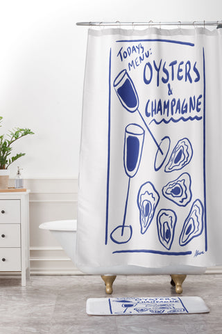 AthenesAtelier Oysters and Champagne Coastal Shower Curtain And Mat