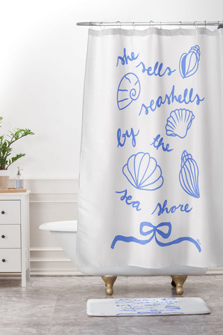 AthenesAtelier She Sells Sea Shells Coastal Shower Curtain And Mat