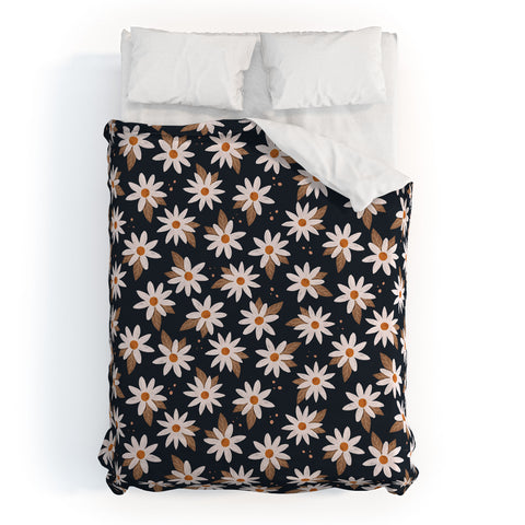 Avenie Boho Daisies In Dark Navy Duvet Cover