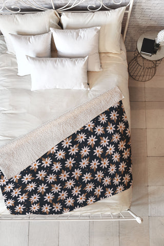 Avenie Boho Daisies In Dark Navy Fleece Throw Blanket