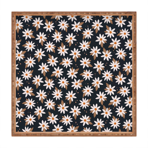 Avenie Boho Daisies In Dark Navy Square Tray