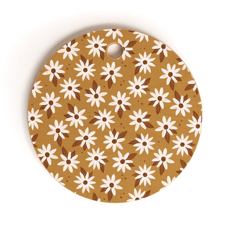 Avenie Boho Daisies In Golden Brown Cutting Board Round