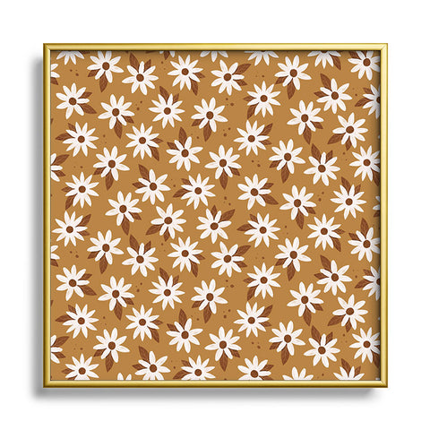 Avenie Boho Daisies In Golden Brown Square Metal Framed Art Print