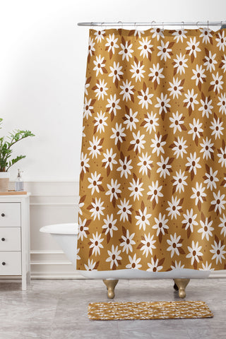 Avenie Boho Daisies In Golden Brown Shower Curtain And Mat