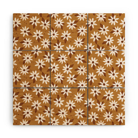 Avenie Boho Daisies In Golden Brown Wood Wall Mural