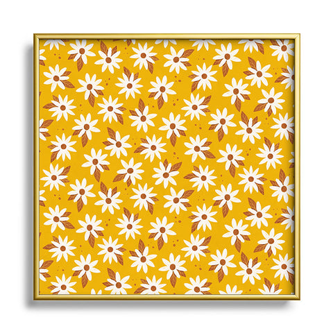 Avenie Boho Daisies In Honey Yellow Square Metal Framed Art Print