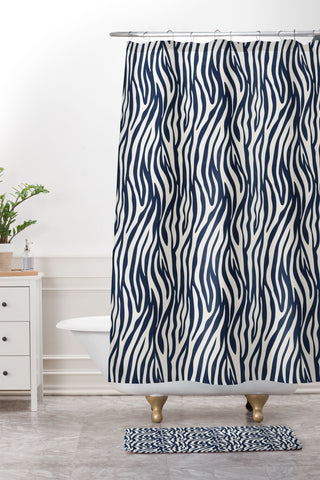 Avenie BR Navy Tiger Stripes Shower Curtain And Mat