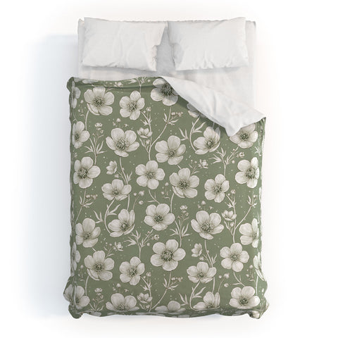 Avenie Buttercup Flowers In Sage Duvet Cover