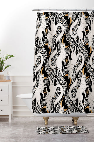Avenie Celestial Cats Gold Shower Curtain And Mat