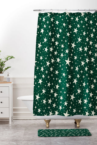Avenie Christmas Stars In Green Shower Curtain And Mat
