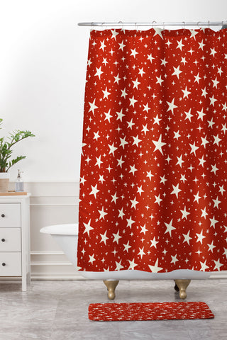 Avenie Christmas Stars in Red Shower Curtain And Mat