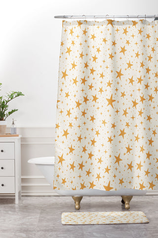 Avenie Christmas Stars in Yellow Shower Curtain And Mat