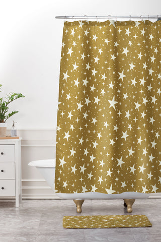 Avenie Christmas Stars Olive Green Shower Curtain And Mat