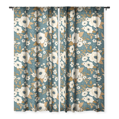 Avenie Delicate Blue and Gold Floral Sheer Non Repeat