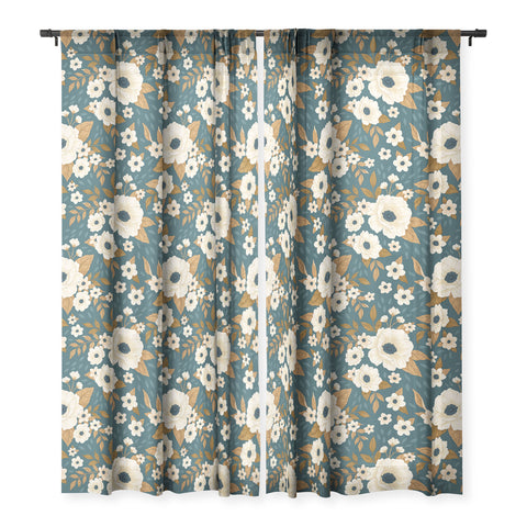Avenie Delicate Blue and Gold Floral Sheer Window Curtain