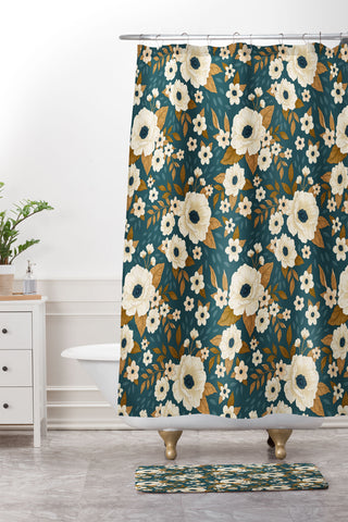 Avenie Delicate Blue and Gold Floral Shower Curtain And Mat