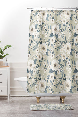 Avenie Delicate Sage Flowers Shower Curtain And Mat