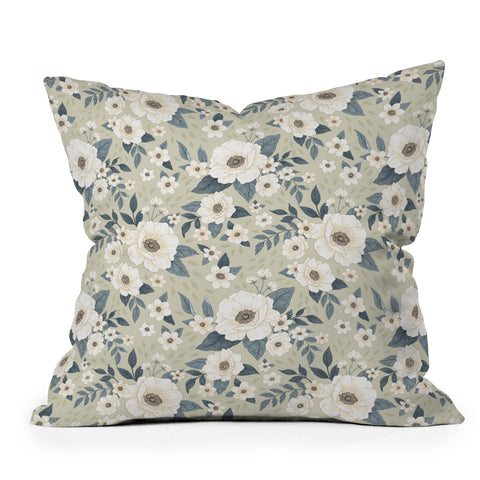 Avenie Delicate Sage Flowers Outdoor Throw Pillow