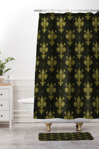 Avenie Fleur de Lis Moss Green Shower Curtain And Mat